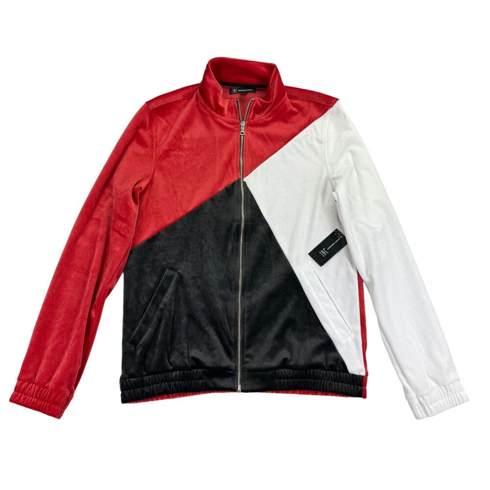 INC Mens Pieced Colorblock Velour Jacket Red Black S